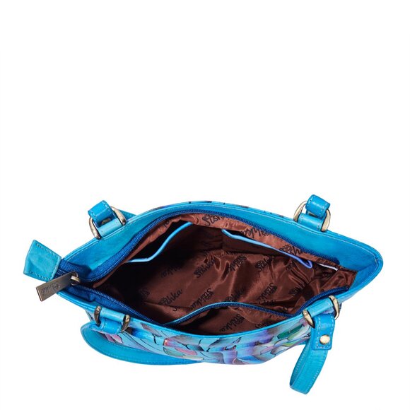 Hand-Painted Aqua Blue Abstract Artwork Ladies Leather Shoulder Tote Bag - Picture 5 of 7